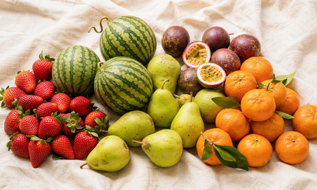 Seasonal fruit selection with Mini Watermelons, Strawberries, Packham Pears, Passionfruit, Mandarins