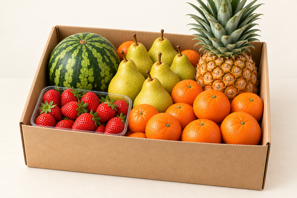 Seasonal fruit top-up box with Mini Watermelons, Packham Pears, Strawberries, Mandarins, Pineapples