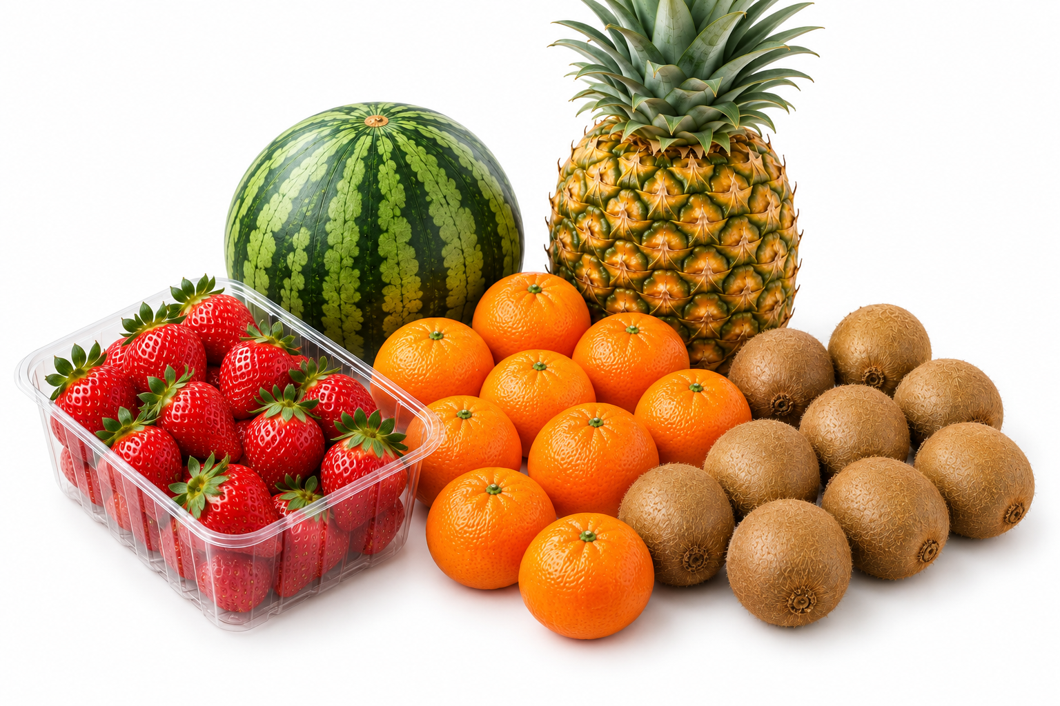 Seasonal fruit selection with Mini Watermelons, Strawberries, Mandarins, Pineapple, Kiwi Fruit